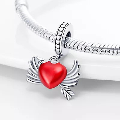 Love Heart Guardian Angel Wing Cupid Arrow Dangle Charm Sterling Silver 925 • £14.99