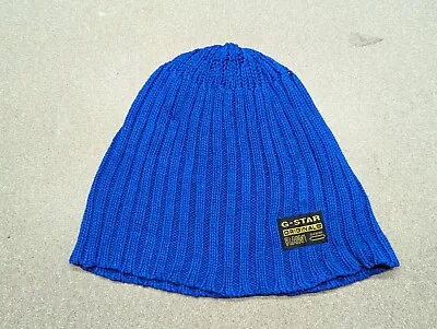 G-Star Raw Blue Beanie Hat One Size Ribbon Ribbed Casual Cotton • £33.70