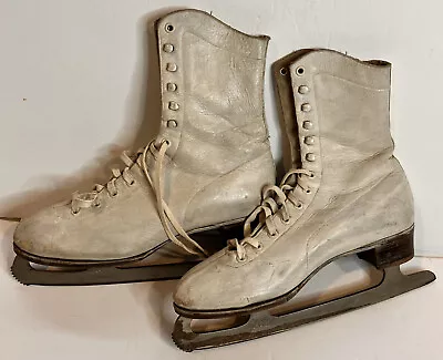 Vtg CCM Pathfinder White Leather Ice Figure Skates 10 1/3  Decor Primitive Xmas • $19.99