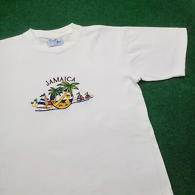 Vintage Jamaica Shirt Mens M White Embroidered Spell Out Sail Boat Crewneck Tee • $18.71