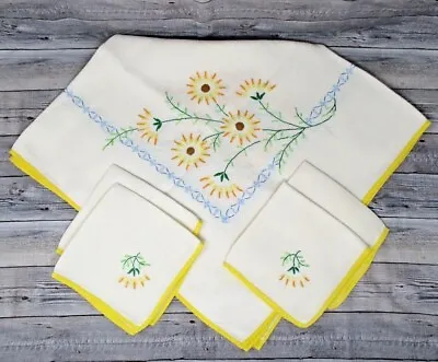 Vintage Linen Tablecloth Napkin Set Embroidered Flowers Yellow Fabric Retro • $29.99