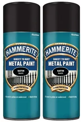 2 X Hammerite Smooth 400ml Satin Black Direct To Rust Metal Spray Paint • £19.99