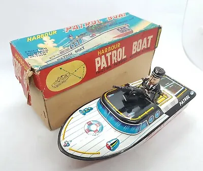 Vintage Tin Litho KO Japan Harbour Patrol Boat Friction Toy Original Box Working • $180.54