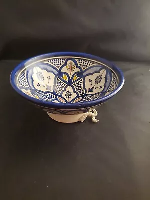 Vtg SAFI Moroccan Pottery Bowl Footed Wall Plate Handpainted Signed Redware Blue • $34.99