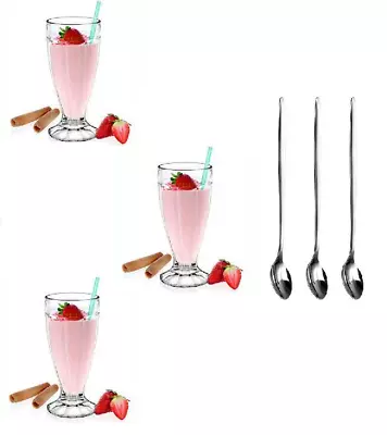 3 Milkshake Glasses Dessert Sundae Ice Cream American Soda Tumblers 300ml&spoons • £11.63