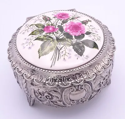 Vintage Japanese Silver Plated Ceramic Floral Trinket Jewellery Box • £17.95