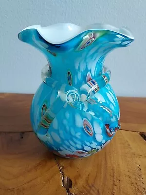 Vintage Blue Millefiori Murano Style Art Glass Vase Hand Blown Ruffled Rim  • $49