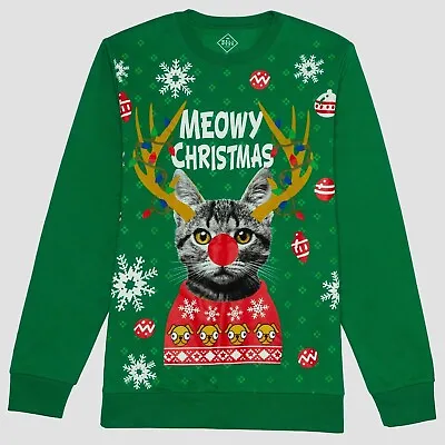 Men's Meowy Christmas Holiday Fleece Sweater XL Green Xmas Cats Pet - Jitter • $19.99