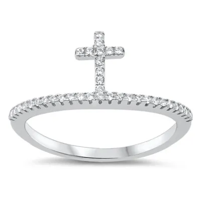 White CZ Thin Standing Cross Micro Pave Ring 925 Sterling Silver Band Sizes 5-10 • $15.79