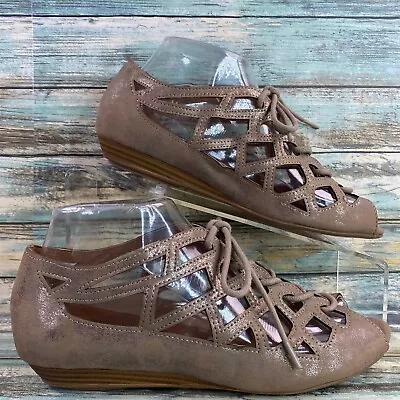 MIA Sandals Womens Size 7 Metallic Gray Lace Up Low Wedge Heel Gladiator Veranda • $26.42