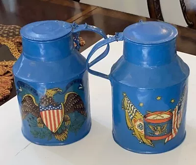 Vintage 2 Cream / Milk  Jugs  American Flag Eagle Hand Painted Heavy Americana • $199.95