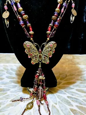 VTG 80's Necklace Artist ART GLASS & Filigree BUTTERFLY Lovely RUNWAY STATEMENT  • $34.88