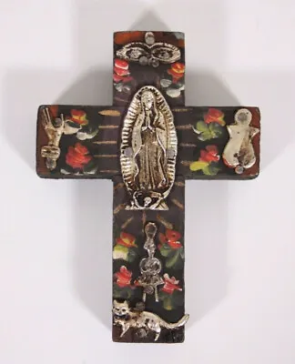 Milagros Mexico Wood 4.5” Cross Crucifix Folk Art Charms Cat Faith Tiny Home RV • $48.74