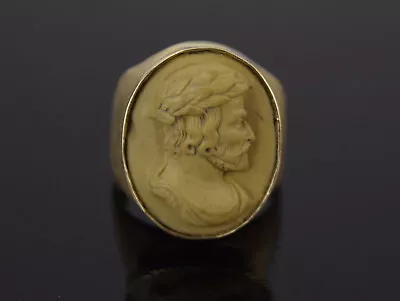 Antique Grand Tour 14k Gold Carved Lava Cameo Ring Classical Man Laurel Wreath • $895