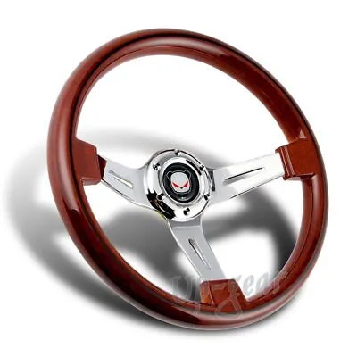 Universal 350MM 6-Hole Class Dark Wood Grip Chrome 3-Spoke Steering Wheel • $59.50