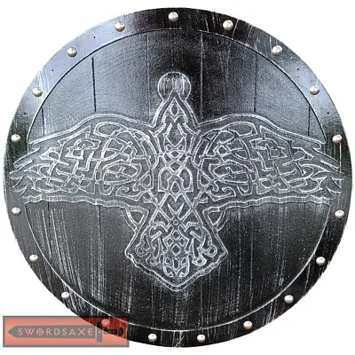 Asgard Odin Raven Norse Viking Valhalla Carved Rune Wooden Medieval Round Shield • $99.99