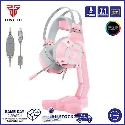 $59 • Buy Fantech Pink PC Gaming Headset / Headphone Stand USB 7.1 Sound RGB Light Bundle