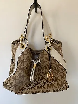 Michael Kors Signature Logo Ludlow Satchel Handbag-Brown/Tan/White/Gold • $119