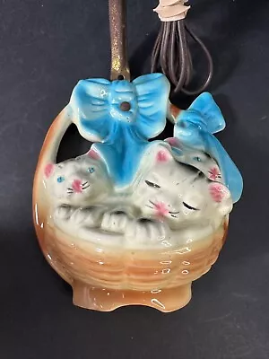 Vintage Mid Century Wall Lamp Kittens Cats In A Blue Basket Bows Ceramic Kitschy • $85