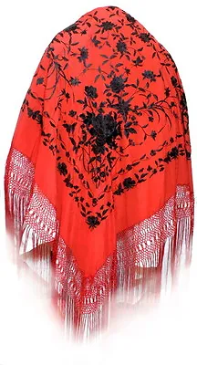 SHAWL In Red Silk Embroidered With Flowers In Black - Manton De Manila. VINTAGE • $1295