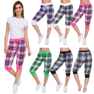 Womens 3/4 Checked Neon Cargo Pants With Drawstring Capri Baggy Trousers H2018 • £6.99