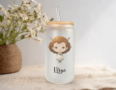 VIRGO Zodiac Sign Frosted Glass Can With Bamboo Lid 16 Oz Glass Cup By Mugzan • $17.99