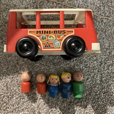 Vintage Red 1969 Fisher Price Little People Mini Bus And  5 Wooden People • $14.95