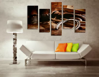 Western Art Cowboy Hat Boots 5 Panel Canvas Print Wall Art Picture Poster Decor • $97