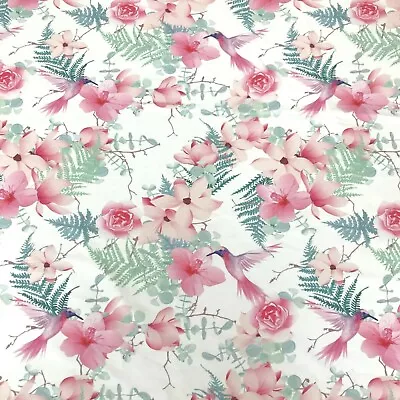 HUMMINGBIRD PINK FLOWERS COTTON JERSEY STRETCH  Per Half Metre DIGITAL PRINT • £11.95