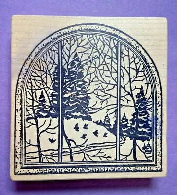 Magenta Rubber Stamp Wood Winter Scene Window Trees Forest Snow Birds Christmas • $19.99