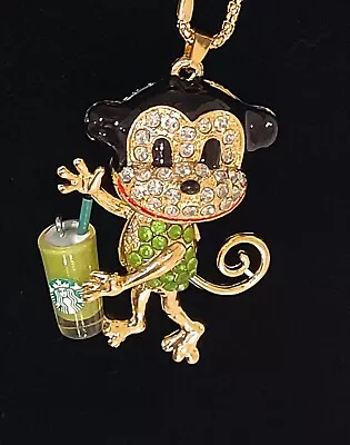 3D Animated Smiling Monkey Betsey Johnson  Necklace Pendant JOINTED HEAD GREEN • $21.99