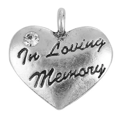 5 ANTIQUE SILVER RHINESTONE IN LOVING MEMORY HEART CHARMS PENDANTS 17mm () • £3.10