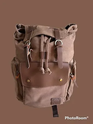 Men Canvas Leather Backpack/Travel Rucksack Camping Hiking School Book Bag • $30