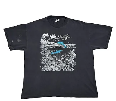 VTG Hawaii T Shirt Men's XL Black Hanes Heavy Embroidered Dolphins Fish SS Tee • $14.99