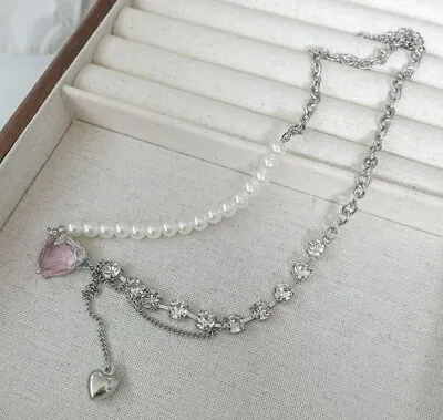 £3.60 • Buy Strand Half White Pearl & Diamond Trend Necklace With Heart Charm Choker