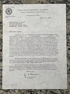 US Department Of Justice Typed Letter Signed By FBI Director J. Edgar Hoover • $40