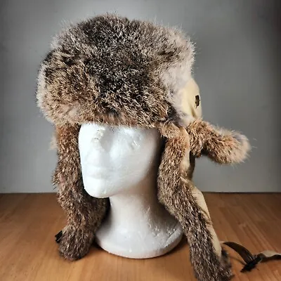 Mad Bomber Hat Men's Extra Large Beige Natural Rabbit Fur Trim Lined Trapper • $29.95