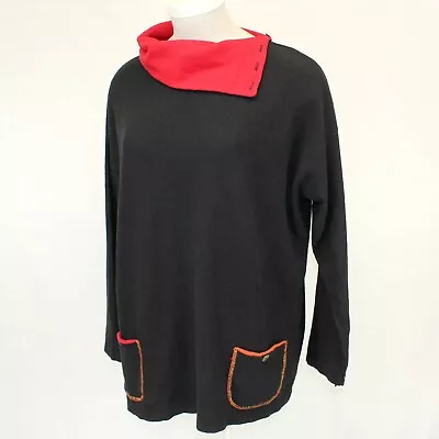 Margaret Winters Crunchy Cotton Red Hem Cowl Sweater Blouse In Black 2X • $79.99