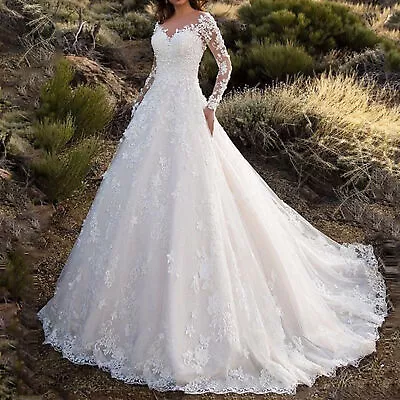 Vintage Off Shoulder Long Sleeve Hollow Out Lace Train Bridal Gown Wedding Dress • $31.95