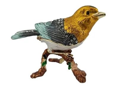 Bird Trinket Box Crystal Studded Enameled Gold Finch On Blooming Branch  • $17.99