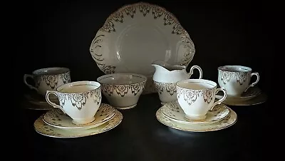 Vintage Salisbury 'Garland'  Bone China Tea Set - White & Gold England (1959) • £80