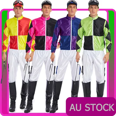 Mens Jockey Horse Costume Racing Rider Fancy Dress Sports Melbourne Cup Uniform • £43.57