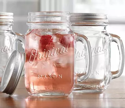 Mason Jar 16 Oz. Glass Mugs With Handle And Lid Set Of 4 Old Fashioned • $27.35