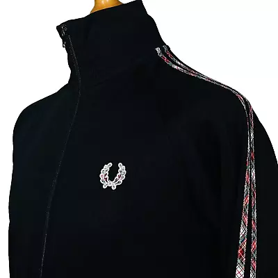 Fred Perry Black Tartan Trim Track Top Jacket - S/M - Mod Scooter Casuals Rare • £0.99