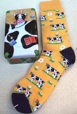 Yellow Cow Socks In A 'Cow In Bed' Gift Tin - Ideal Gift - One Size • £12.99