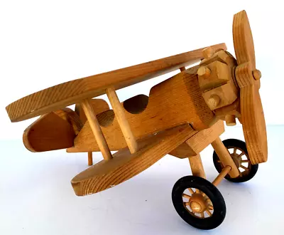 VTG Toy Wooden Airplane 14  Hand Carved Wood Toy Bi-Plane Model Home Decor • $129.99