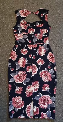 Boohoo Night Navy Flower Pattern Midi Bodycon Dress With Cut Out Back Detail VGC • $6.25