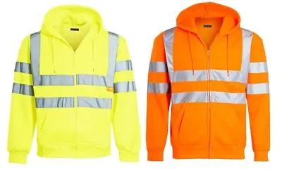 Mens Zip Up Fleece Hooded Hi Viz Visibility Sweatshirt Security Work Jumper Top • £19.99