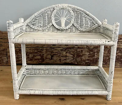 Rattan Wicker White Vintage Shelf Chic Shabby Garden Cottage 16.5 X17.5 HX6.5  • $24.95