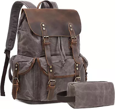 Vintage Leather Canvas Backpack Waxed Canvas Shoulder Rucksack With Toiletry Sh • $89.88